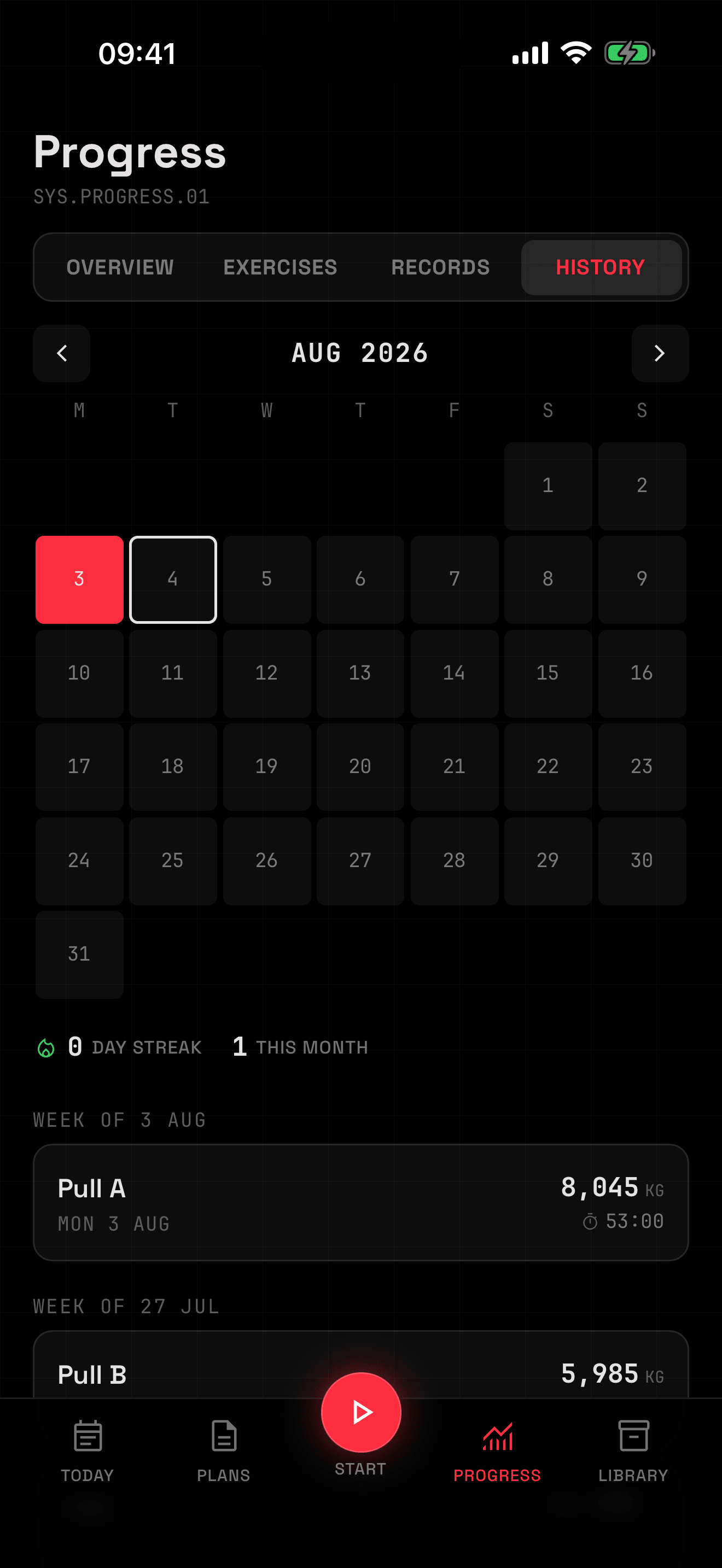 The QRep History journal: an August 2026 calendar heatmap with trained days filled in crimson, above a week-grouped list of workouts with their volume and duration.