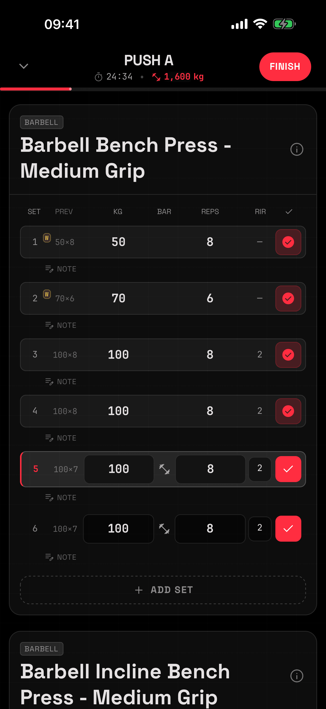 QRep logging a bench press: Push A at 24 minutes 34 seconds, 1,600 kg of session volume, six sets with previous-session values beside each row.