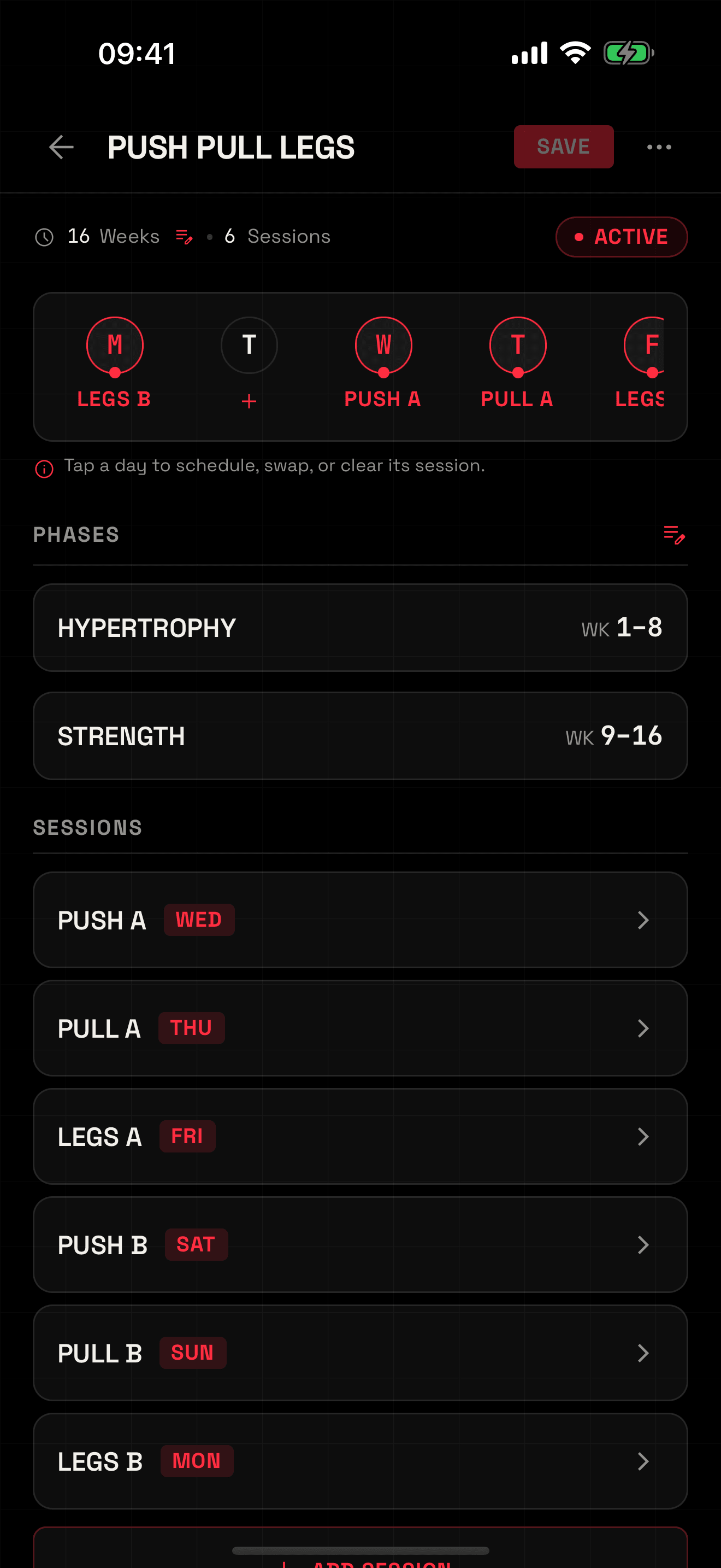 The QRep program screen for Push Pull Legs, 16 weeks, 6 sessions, marked active: a weekday strip with Legs B on Monday, Tuesday free, then Push A, Pull A and Legs A; two phases, Hypertrophy weeks 1 to 8 and Strength weeks 9 to 16; and the six sessions, Push A on Wednesday through Legs B on Monday.