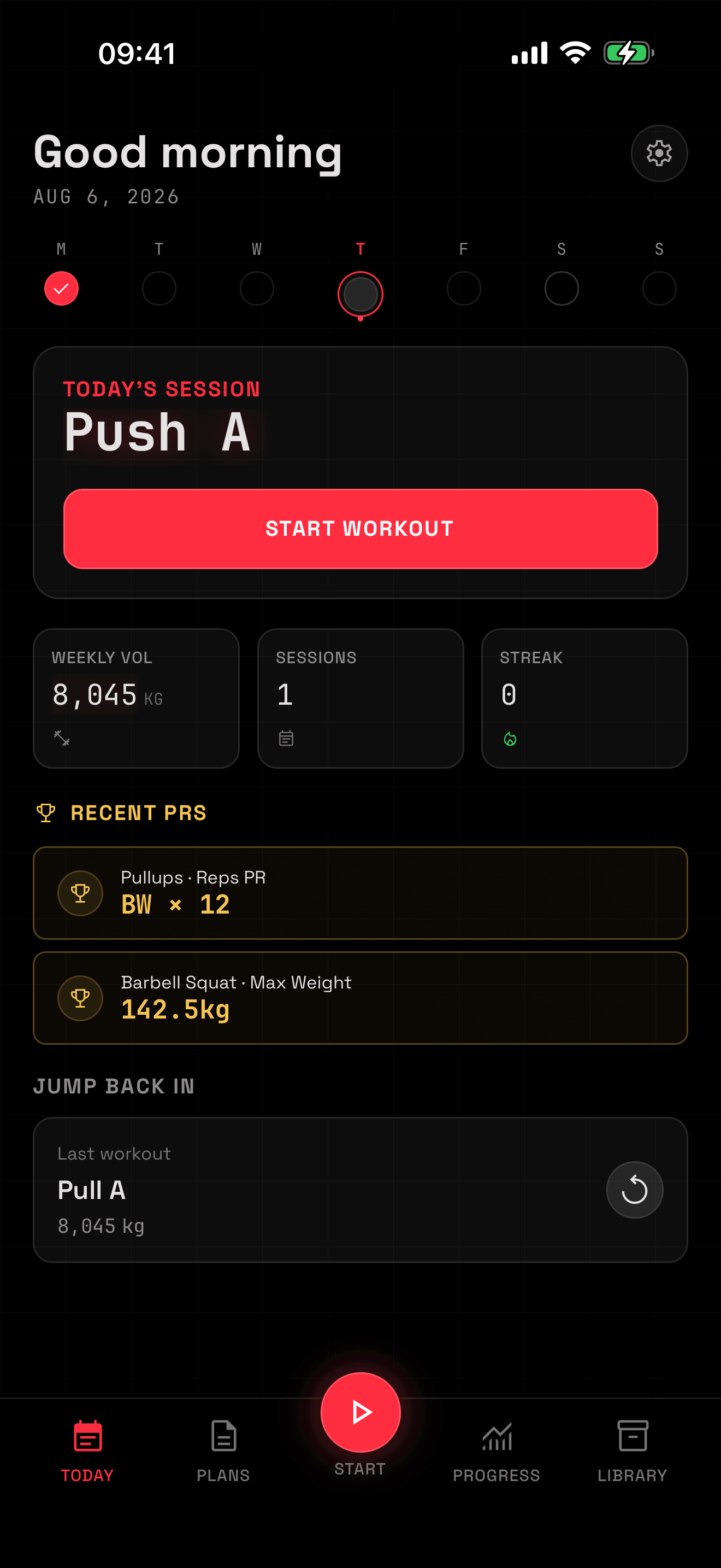 The QRep Today screen: a Monday-to-Sunday week strip, today's Push A session with a Start Workout button, weekly volume of 8,045 kg, and recent personal records in gold.
